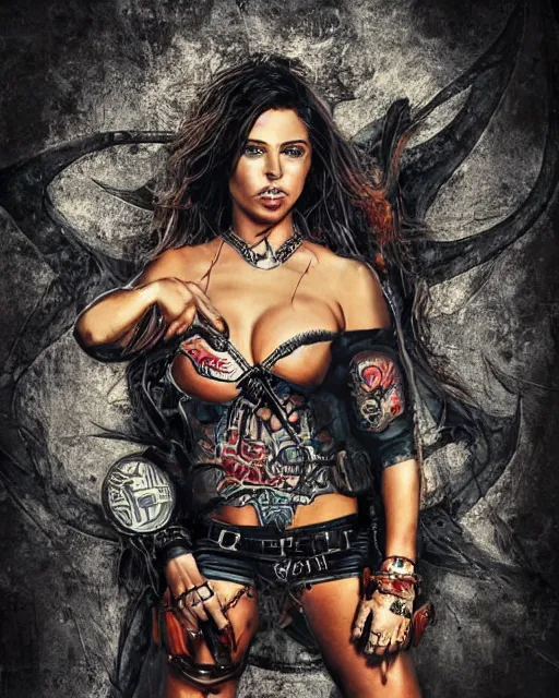 Image similar to centered in composition Adriana Chechik on a motorbike in sons of anarchy tv show, wearing a Desigual t-shit and leather, D&D style , highly detailed, digital art, trending on artstation, smooth, sharp focus, illustration, art by artgem and ROBERT HYNES