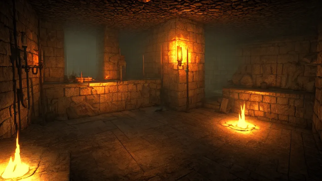 Prompt: delicious torch lit prison dungeon jail cell atmospheric unreal engine hyperreallistic render 8k character concept art masterpiece screenshot from the video game the Elder Scrolls V: Skyrim orange flame global illumination