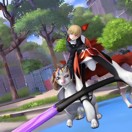 Image similar to screenshot from a 3 d video game about anime girls riding giant dogs