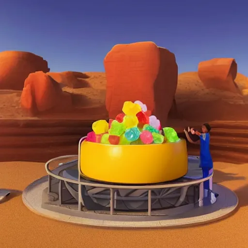 Image similar to promotional movie still the biggest frying pan in the world is in a desert. in the pan are life - size gummi bears that are melting. it's very sunny and very hot. the gummi bears are sweating. octane 3 d render, ue 5, cinematic, imax 7 0 mm, product lighting, dramatic lighting. concept art, ultrarealistic, very detailed.
