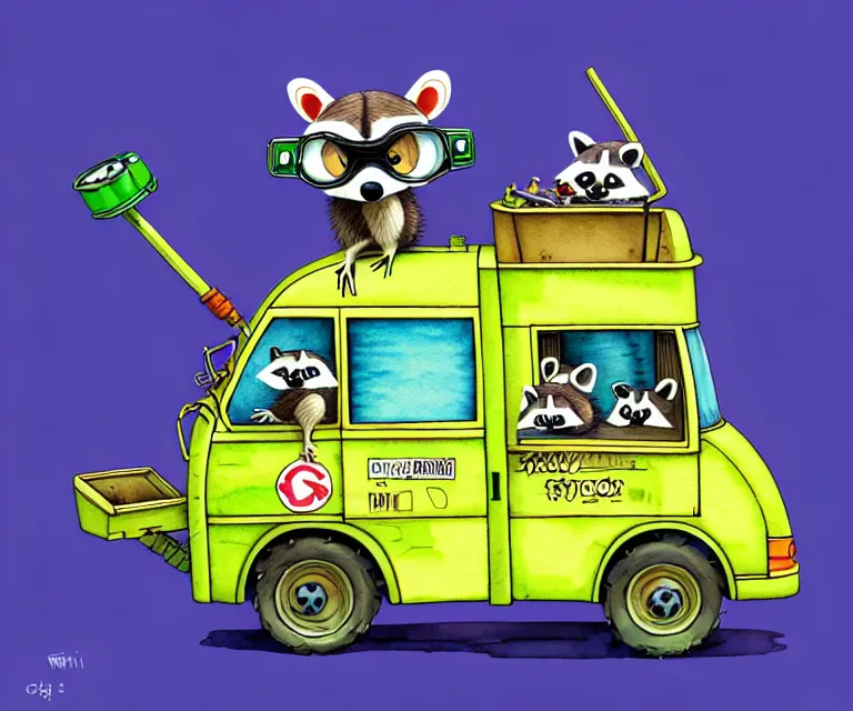 Image similar to cute and funny, racoon wearing goggles driving a tiny garbage truck, ratfink style by ed roth, centered award winning watercolor pen illustration, isometric illustration by chihiro iwasaki, edited by craola, tiny details by artgerm and watercolor girl, symmetrically isometrically centered