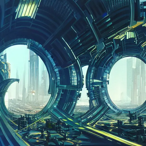 Image similar to overgrown futuristic cityscape located under a bridgeway, world seen only through a portal, daylight, cinematic perspective, cinematic lighting, blue sky, syd mead, john harris, symmetrical