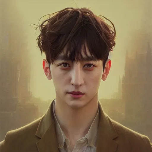 Image similar to highly detailed vfx portrait of jungkook, stephen bliss, greg rutkowski, loish, rhads, beeple, makoto shinkai, tom bagshaw, alphonse mucha, global illumination, sharp focus, art by artgerm and greg rutkowski, stanley kubrick, best of behance, cinematic lighting, intricate complexity,