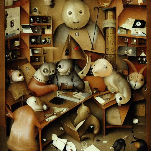 Image similar to anthropomorphic animals working in a cluttered office space by hieronymus bosch, ultra detailed, highly detailed, 8 k, trending on artstation, award - winning art,