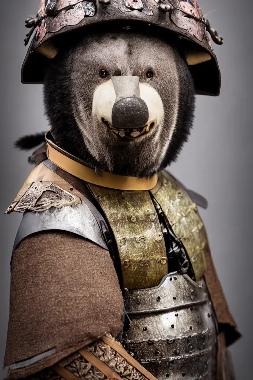 Prompt: anthropomorphic edo period japanese samurai bear, full armor portrait, fursuit, cosplay, trending on instagram, photography, sigma 8 5 mm f / 1. 4, studio lighting