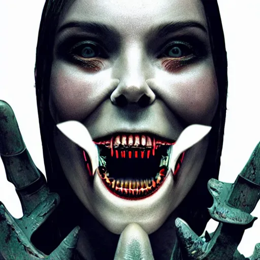 Image similar to grotesque cybernetic female human-beast, with sharp teeth, horror scifi film