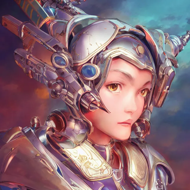 Image similar to studio portrait of lawful good colorful female holy mecha paladin absurdly beautiful, elegant, young cute anime girl, ultrafine hyperrealistic detailed face illustration by kim jung gi, irakli nadar, intricate linework, sharp focus, bright colors, matte, octopath traveler, final fantasy, unreal engine highly rendered, global illumination, radiant light, intricate environment