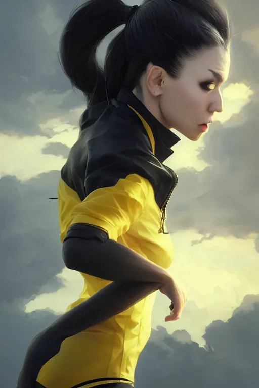 Image similar to black ponytail hair, pale woman in a black unzipped jacket, black shorts, yellow eyes, by artgerm, beautiful render, matte painting, realistic, dynamic angle, wlop, loish, octane render, sharp focus, decadent, by greg rutkowski makoto shinkai