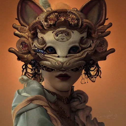 Prompt: a photorealistic dramatic fantasy render of a beautiful woman wearing a beautiful intricately detailed japanese komainu kitsune mask and clasical japanese kimono by wlop, artgerm, greg rutkowski, alphonse mucha, beautiful dynamic dramatic dark moody lighting, shadows, cinematic atmosphere, artstation, concept design art, octane render, 8 k