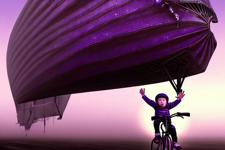 Image similar to kid rides a bicycle waving good bye to the airship at sunset, in the style of giger, intricate and epic composition, purple by caravaggio, insanely quality, highly detailed, masterpiece, purple light, artstation, 4 k