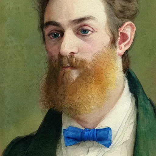 Prompt: Portrait of a handsome man with mutton chops. wearing a green suit. colorful necktie, pale white face, long messy hair, ((red)) baggy eyes, tired face, watercolor, brushstrokes, high detail, artstation, background yellow and blue, medium detail, by Ilya Repin