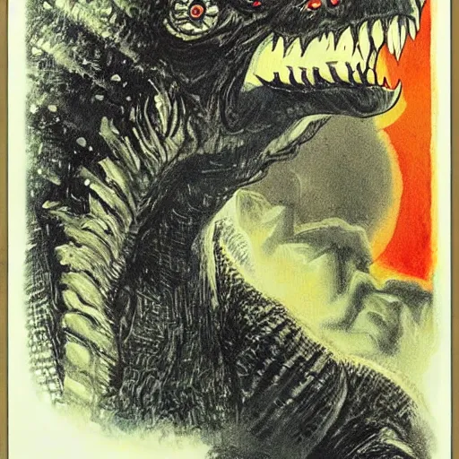 Prompt: basil gogos illustration of godzilla