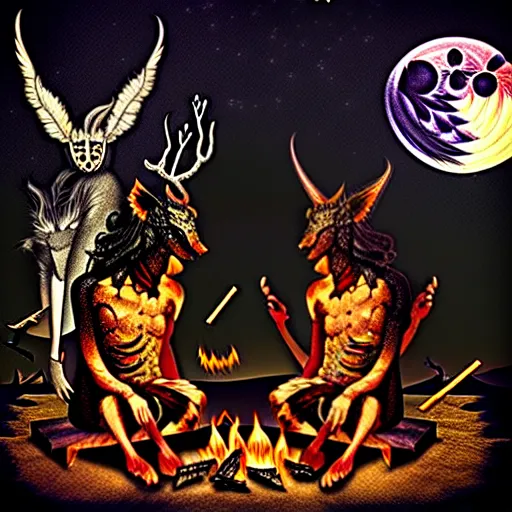 Prompt: strange mythical beasts of sitting around a fire under a full moon, surreal dark mixed media collage by ronny khalil