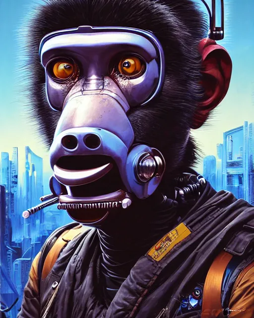 Image similar to a portrait of an anthropomorphic cyberpunk baboon by sandra chevrier, detailed render, tape deck, epic composition, cybernetics, 4 k realistic, cryengine, realistic shaded lighting, sharp focus, masterpiece, by matteo scalera, gary montalbano, peter elson in the style of the tokyo ghost comic