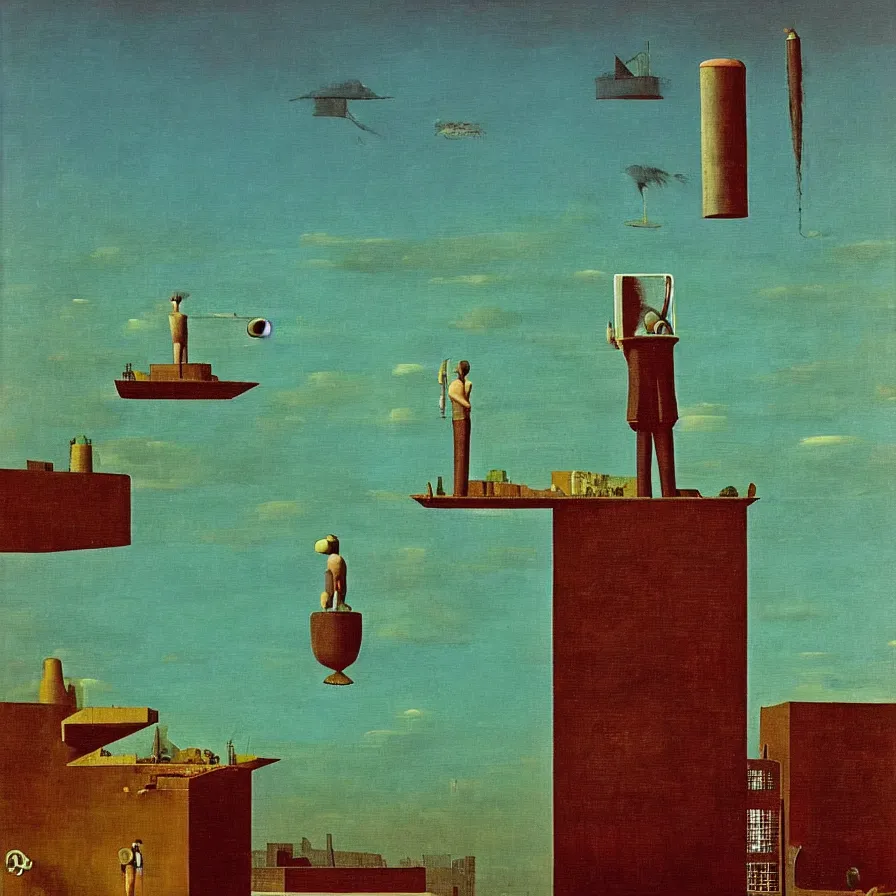 Prompt: a solitary scuba divers is standing in a small wading pool. ; factory in the background. the sky is cloudless. surrealist detailed oil painting, max ernst