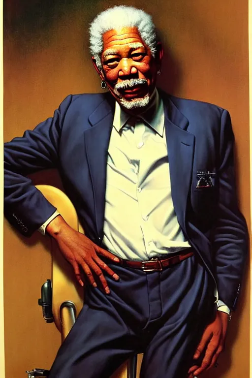 Image similar to morgan freeman portrait by gil elvgren and norman rockwell and rob gonsalves and hajime sorayama, hyperrealistic, high detail, ultra detailed, highly detailed face, ruffled fabric