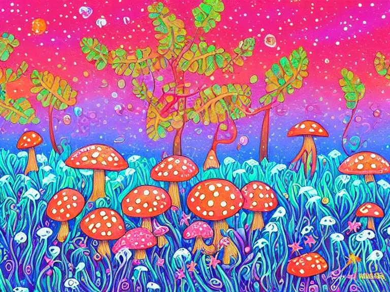 Prompt: digital painting detailed beach and shoreline starfish magical forest flowers mushrooms painted by jeremiah ketner