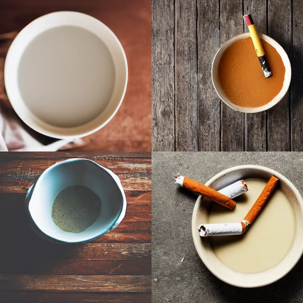Prompt: photo of a bowl of cigarette soup