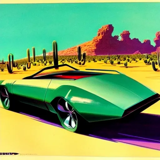 Image similar to concept art for a convertible full of cactuses, painted by syd mead, high quality
