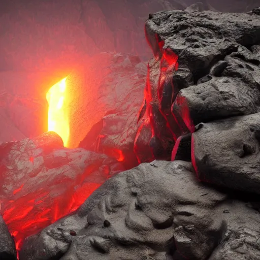 Image similar to satanic mountain goats with glowing red eyes on a sheer obsidian cliffside with lavaflow, lava waterfalls, photorealistic landscape render, octane render, vray, beautiful, ambient occlusion, particle effects, light bloom, rtx