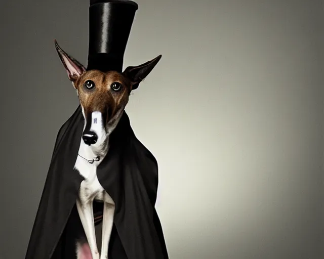 Image similar to greyhound wearing a black cloak and a top hat under a spotlight, magician dog