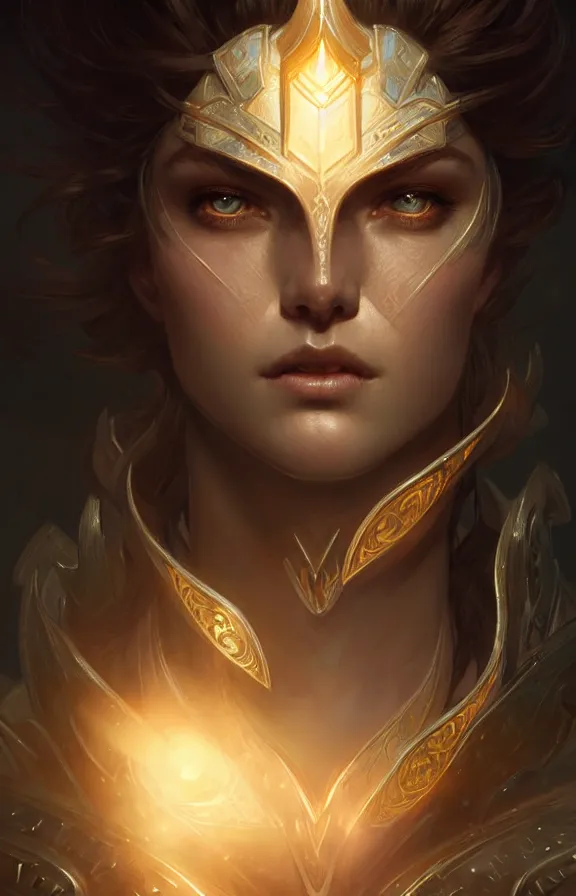 Prompt: Paladin face close-up macro in center, fantasy magic, undercut hairstyle, dark light night, intricate, elegant, sharp focus, illustration, highly detailed, digital painting, concept art, matte, art by WLOP and Artgerm and Greg Rutkowski and Alphonse Mucha, masterpiece