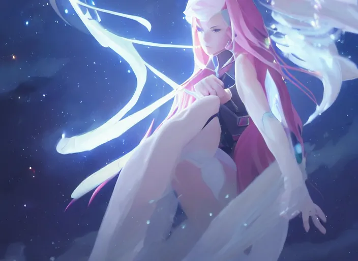 Image similar to a female space mage with long white hair, star guardian inspired, perfect art, trending on pixiv, painted by greg rutkowski makoto shinkai takashi takeuchi, akihiko yoshida