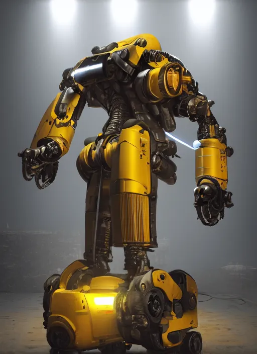 Image similar to a photorealistic dramatic hyperrealistic render of a futuristic exosuit power loader heavy machinery, ultra realistic details, glossy yellow, well worn, rust, oil stains by vitaly bulgarov and mike nash, beautiful dramatic dark moody tones and lighting, cinematic atmosphere, studio lighting, global illumination, shadows, dark background, octane render, 8 k