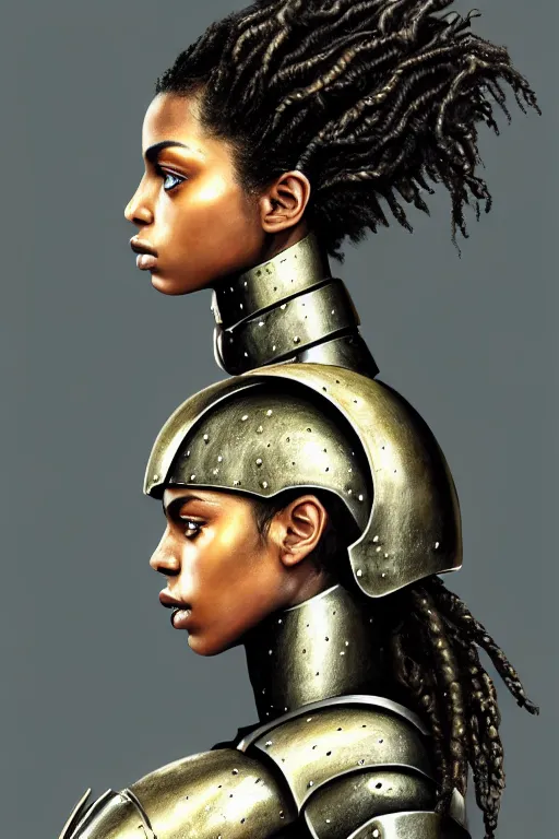 Prompt: a photorealistic painted portrait of an attractive young black girl, partially clothed in metal-plated battle armor, olive skin, long dark hair, flawless skin, beautiful bone structure, perfectly symmetric facial features, perfect photorealistic eyes, natural physique, intricate, elegant, digital painting, concept art, finely detailed, beautifully illustrated, sharp focus, minimal artifacts, from Metal Gear, by Ruan Jia and Mandy Jurgens and Artgerm and William-Adolphe Bouguerea, in the style of Greg Rutkowski, trending on Artstation, award winning art