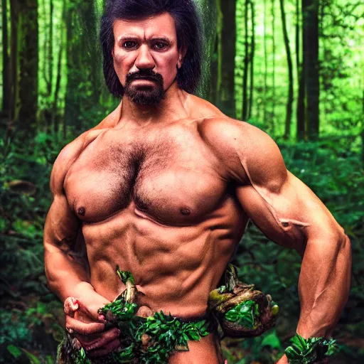 Prompt: extremely muscular man in a forest nymph costume, striking a pose, intricate hairstyle, professional fluorescent body paint, full body portrait, portrait photography photography by Karel Saudek, Portra 400, high definition, large props, eye catching, award winning, 4K UHD