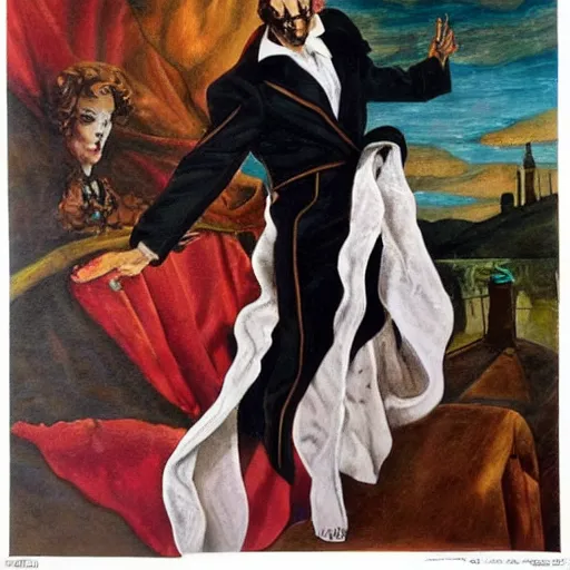 Image similar to vincent price as billionaire howard hughes in exotic fantasy satin robes and high collar, vivid, renaissance, illustration, dynamic and dramatic, highly detailed, rough paper, dark, oil painting