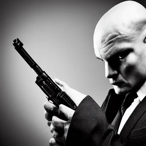 Image similar to agent 4 7 point his gun toward the camera. 5 0 mm, macro, photo, black and white.