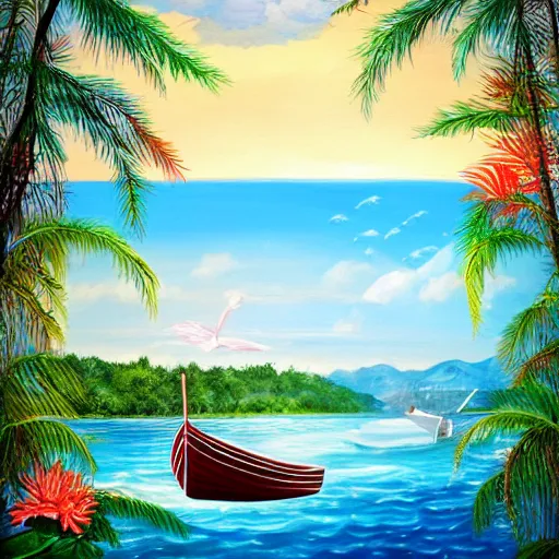 Image similar to a beautiful painting of a boat leaving the dock for paradise.