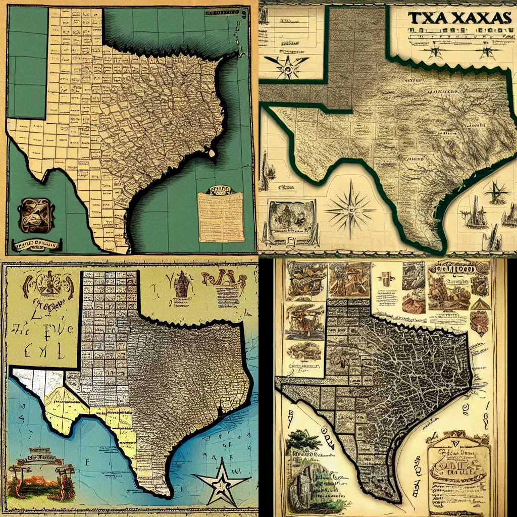Prompt: Detailed map of Texas in the style of Middle Earth medieval map hand drawn antique
