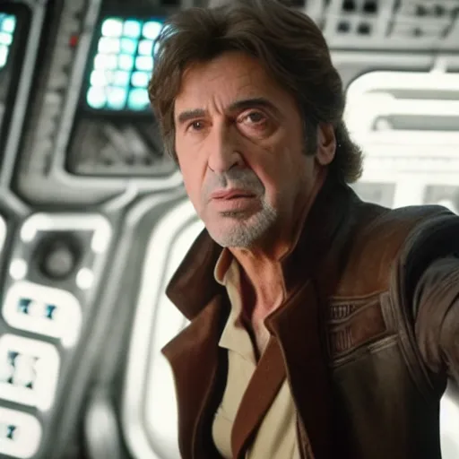 Image similar to A still of Al Pacino as Han Solo. Extremely detailed. Beautiful. 4K. Award winning.