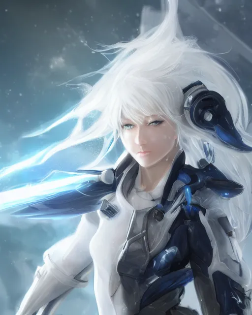 Image similar to perfect white haired girl, warframe armor, beautiful, dreamy, half asian, pretty face, blue eyes, detailed, windy weather, scifi platform, laboratory, experiment, 4 k, ultra realistic, epic lighting, cinematic, high detail, masterpiece, art by akihito tsukushi, akasuki voidstar