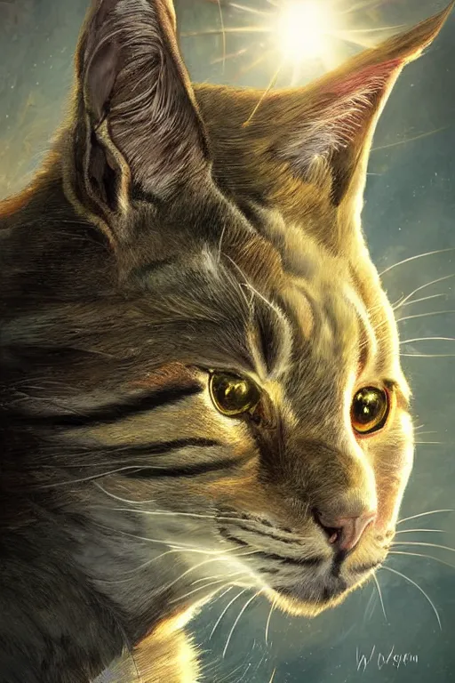 Prompt: a book cover for warrior cats by wayne mclouglin, depth of field, sun flare, hyper realistic, very detailed.