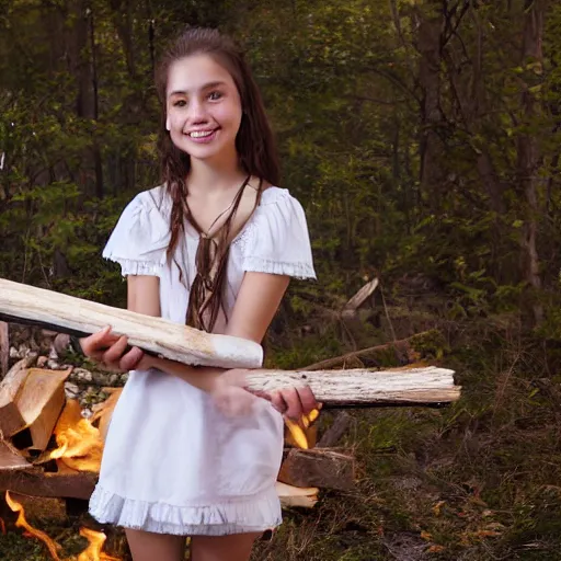 Image similar to a middle-school girl with unkempt wavy short brown hair wearing a white dress and holding a bundle of firewood, high resolution film still, 8k, HDR color