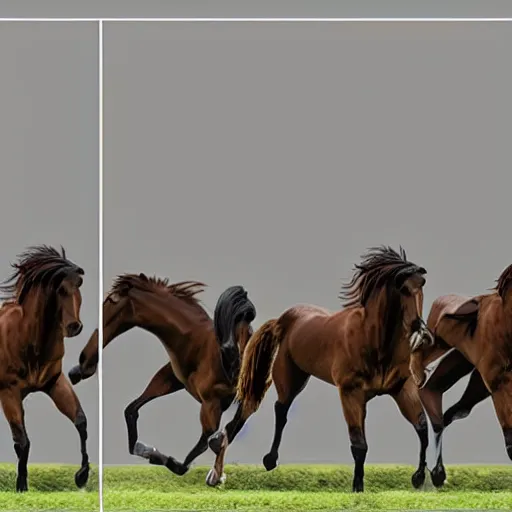 Image similar to an animation of a horse running left to right shot frame by frame, separated into equally sized frames, from'learning to animate'