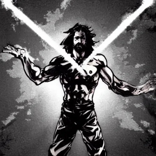 Image similar to jesus in a jojo dramatic pose, artwork by yoji shinkawa