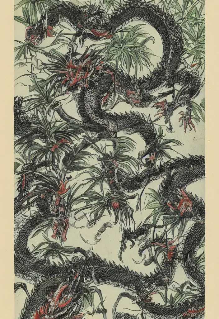 Prompt: vintage chinese dragon in a tropical forest, john james audubon, intaglio, 8 k resolution