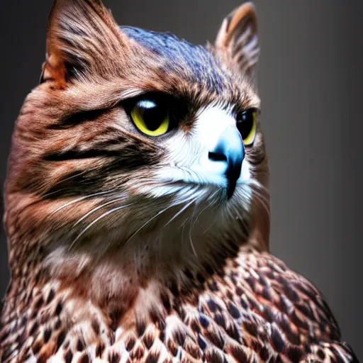 Prompt: a falcon - cat - hybrid, animal photography