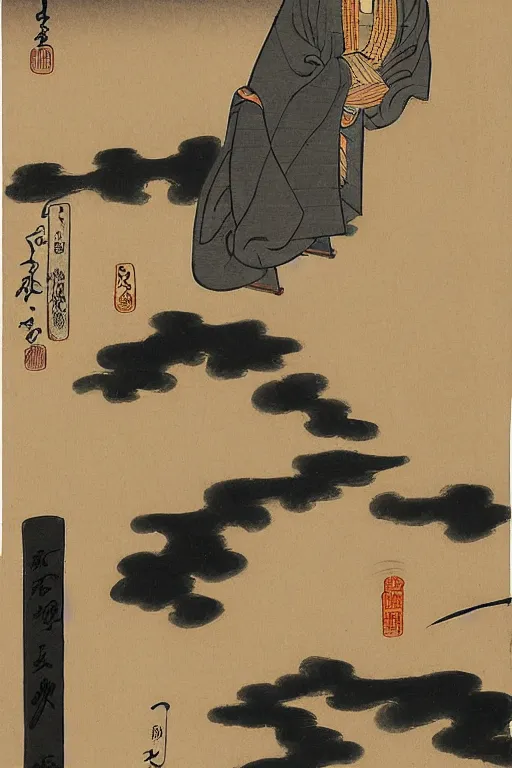 Prompt: a man gazing into the moon seeing far into the future, edo period, traditional japanese art style, reflection