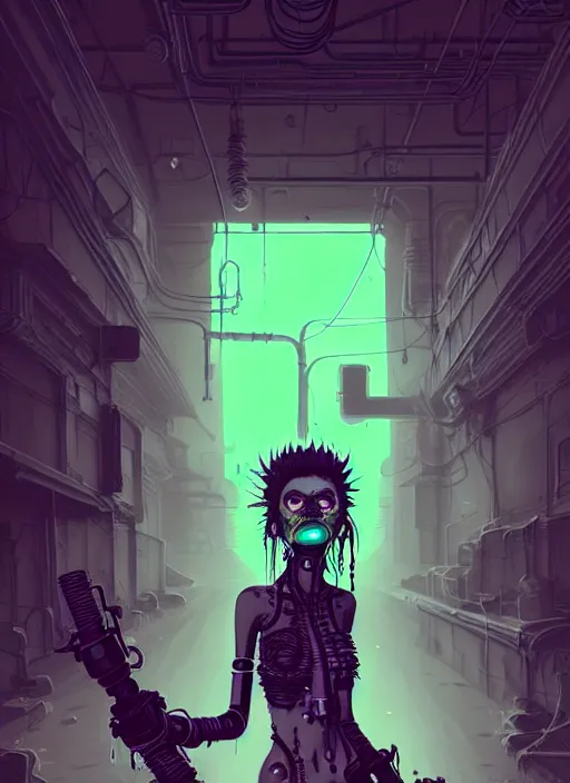 Image similar to highly detailed portrait of an moody wasteland punk long dripping green poison hair tribal lady, stray wiring by atey ghailan, james gilleard, by joe fenton, by greg rutkowski, by greg tocchini, by kaethe butcher, 4 k resolution, gradient purple, brown black and white color scheme!!! ( ( green flaming robotic sewer background ) )