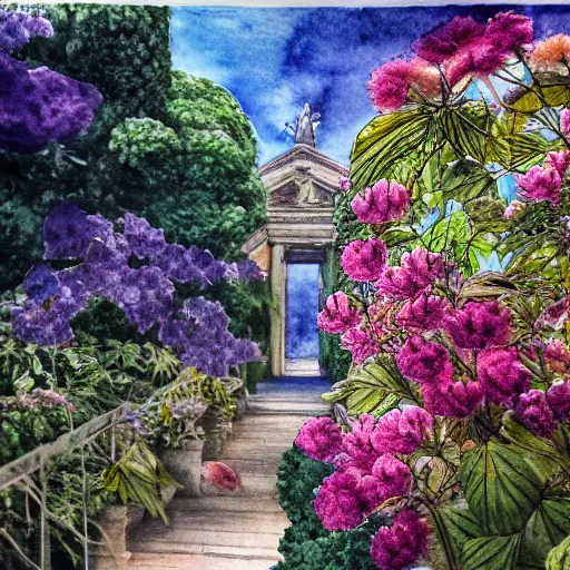 Image similar to delicate garden on paper floating puffy vines botanical herbarium botanic watercolors iridescent 8 k wide angle realistic artstation italian rainbow colonnade oak pine liberty architecture pompeii