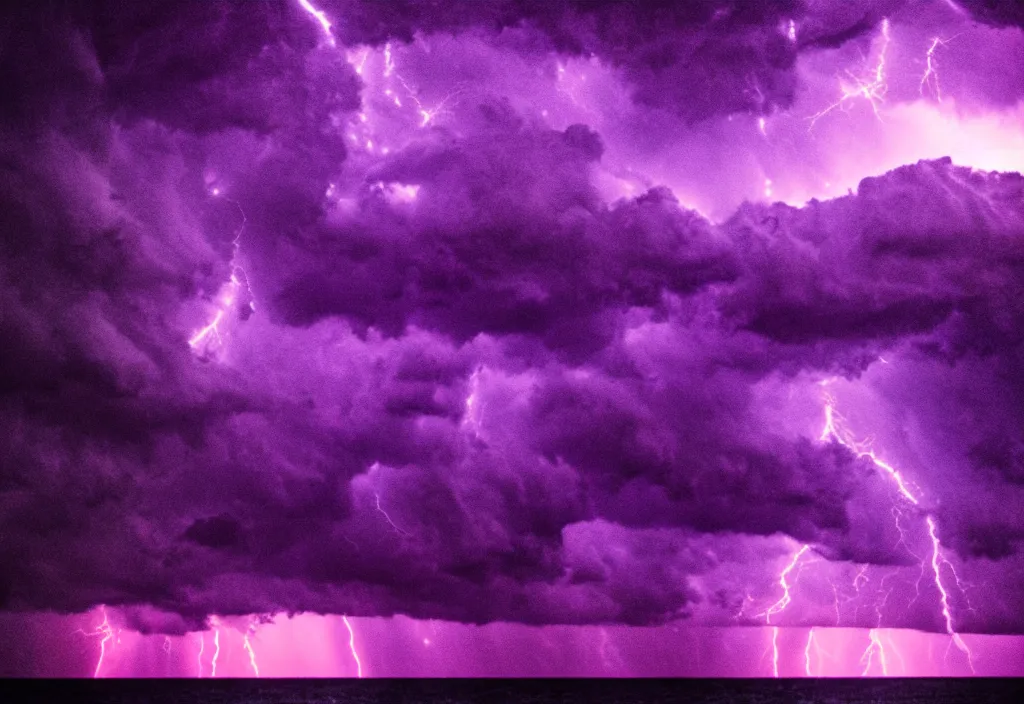 Image similar to purple color lighting storm with stormy sea, pirate ship firing its cannons real life trippy nebula sky 50mm shot fear and loathing movie