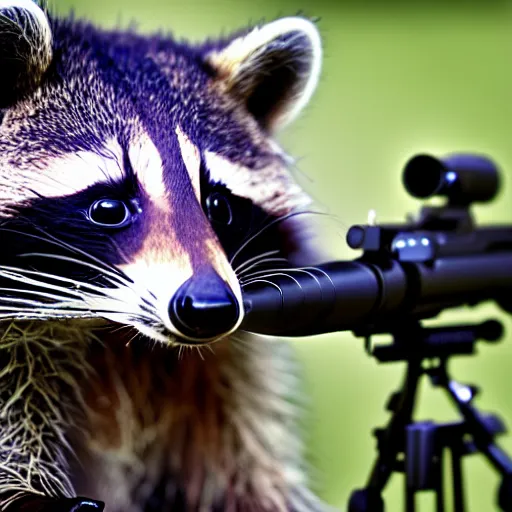 Image similar to raccoon shooting sniper rifle, photo, detailed, 4 k