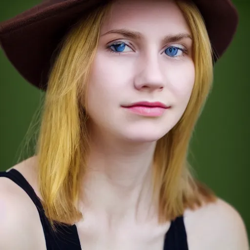 Image similar to portrait of 2 0 - year - old woman with angle lost profile looking away, small smile, cinematic colors, medium yellow blond hair, brown hat, hair comes out of the hat a little