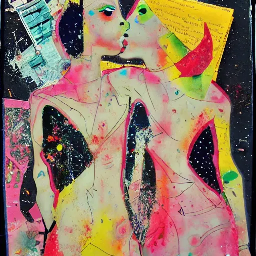 Image similar to two women kissing at a carnival in an alien world, mixed media collage, retro, paper collage, magazine collage, acrylic paint splatters, bauhaus, claymation, layered paper art, sapphic visual poetry expressing the utmost of desires by jackson pollock