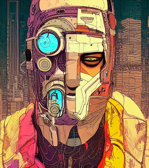 Image similar to a cyberpunk man with a glitching patchwork face of various ethnicities, Industrial Scifi, detailed illustration, character portrait, by Martin Grip and Moebius